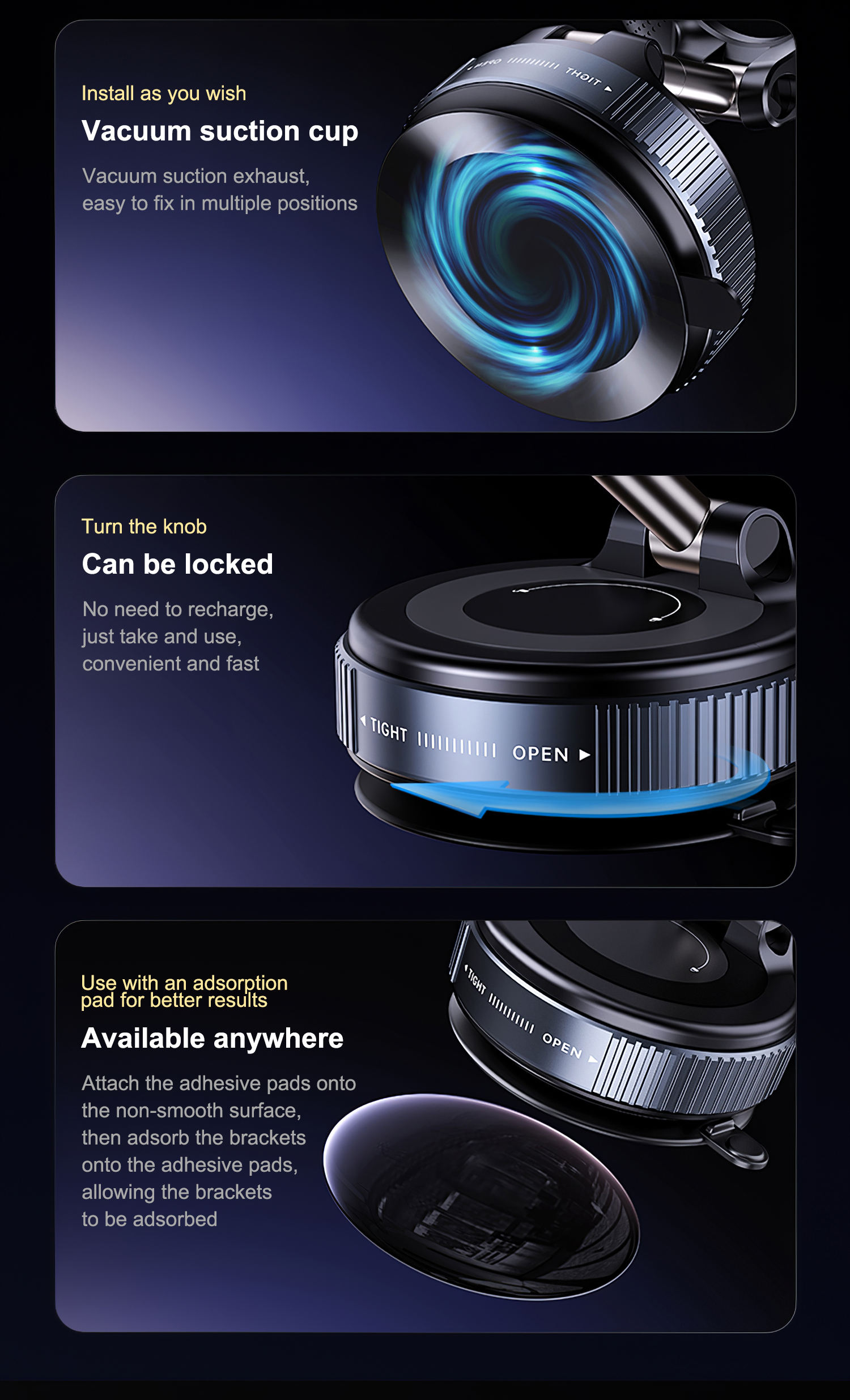 360 Degree Rotating Vacuum Magnetic Phone Holder - Strong Magnet Suction Cup for Car, Desk Bed Use
